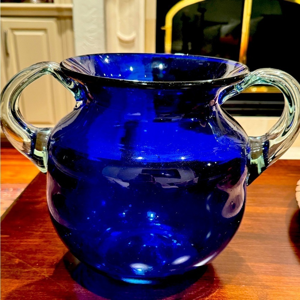 Large Hand Blown Round Cobalt Blue Glass Vase with Clear Handles Beautiful!